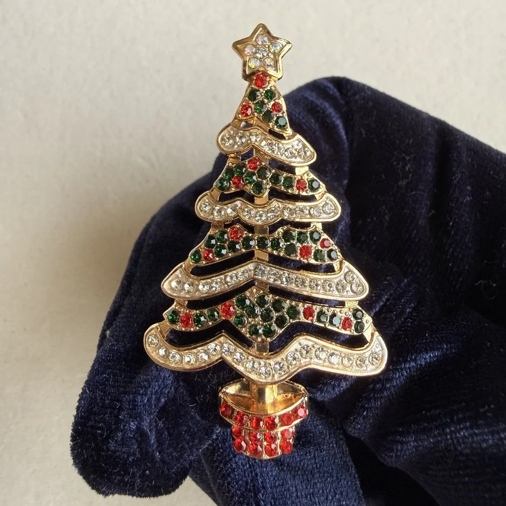 Christmas Tree Brooch Pin Red Green Rhinestone Gold Tone Holiday Jewelry Gift